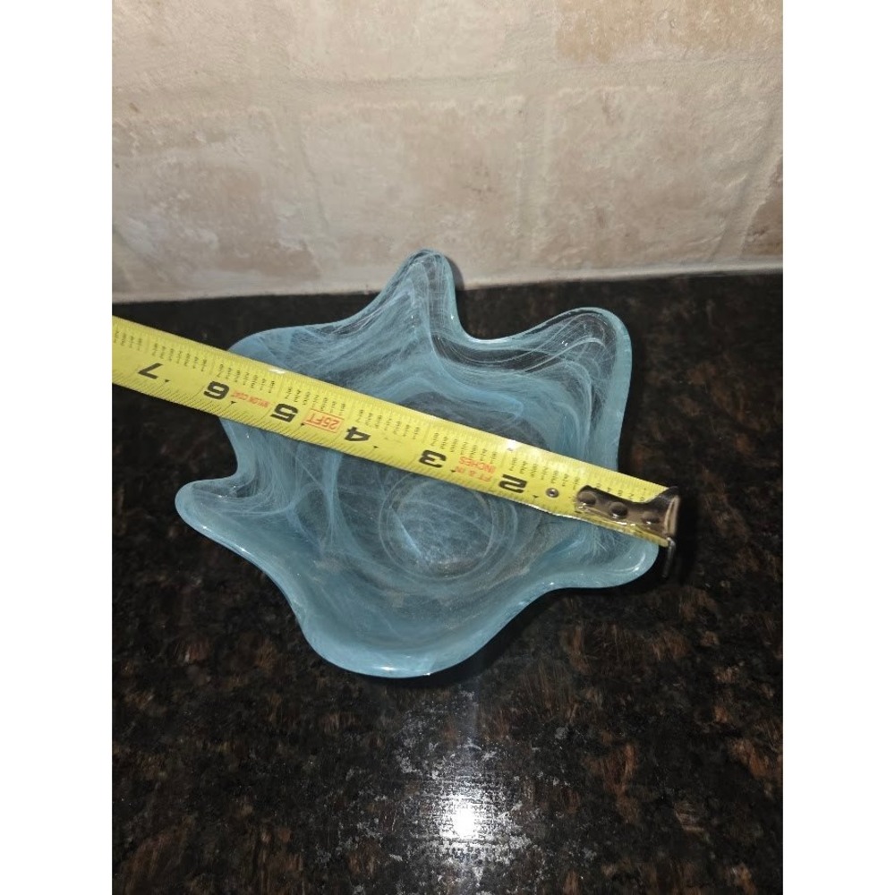 Vintage Murano Style Art Glass Ruffled Bowl Blue Swirl Alabaster Glass 6 Inch - Picture 4 of 4